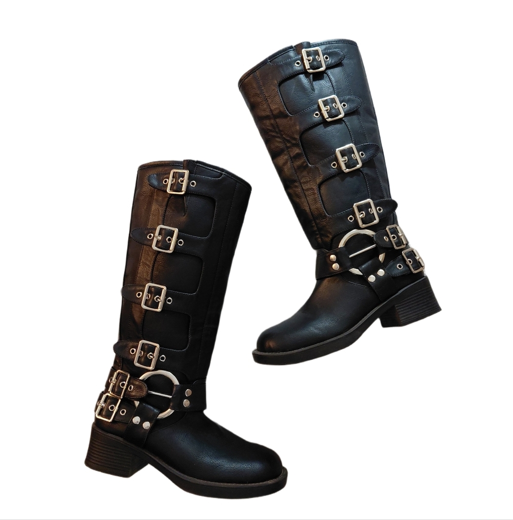 Tall Black Motorcycle Riding Boot Knee High Buckled Lug Sole Boot Sz 6